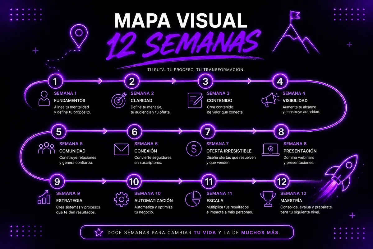 Mapa visual del roadmap de 12 semanas: las 12 fases desde Fundamentos hasta Maestría